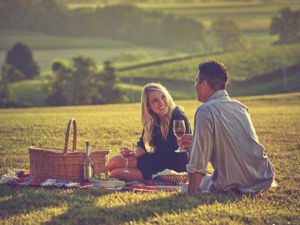 couple drinking wine at picnic on hillside in Lancaster, PA