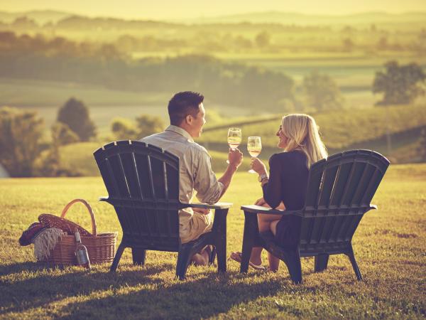 couple drinking wine on hillside